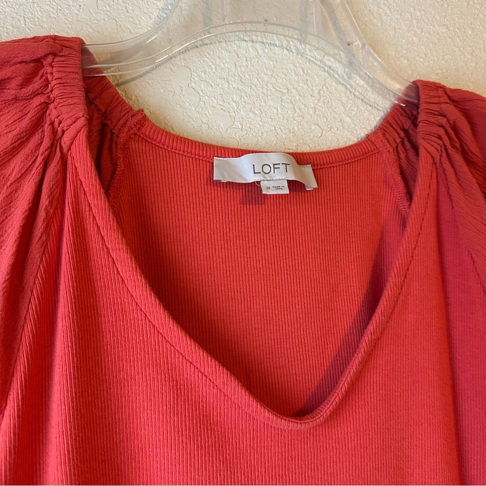 LOFT Ribbed Flutter Sleeve Mixed Media Top - Bright Paprika - Size M - Picture 3 of 6
